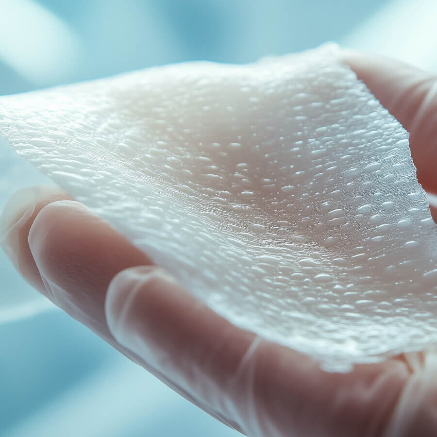 A close up of a hand holding a skin substitute for wound care